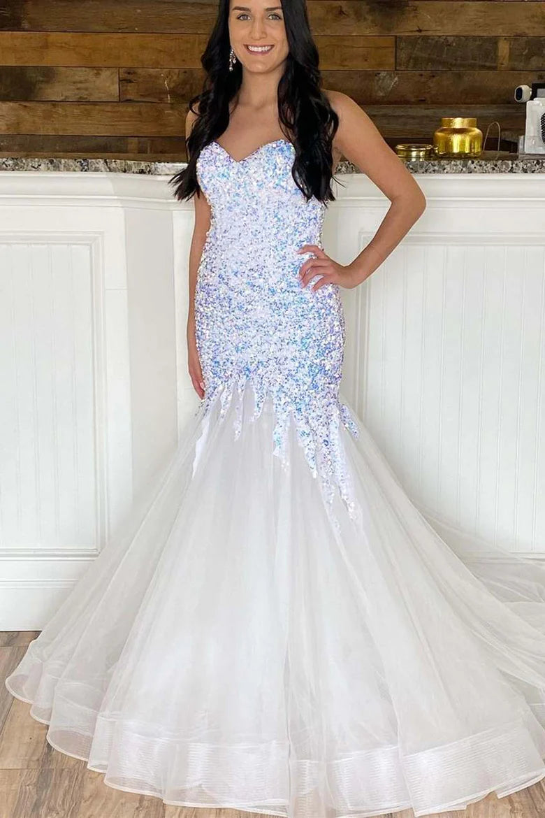Vestido de fiesta largo de trompeta con lentejuelas y escote corazón